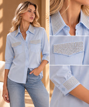 Camicia tasche strass in popeline di cotone, maniche a tre quarti — azzurro