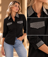 Camicia tasche strass in popeline di cotone, maniche a tre quarti — nero