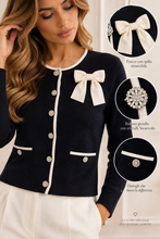 Cardigan blu con fiocco e bottoni gioiello