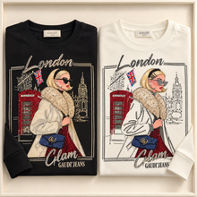 T-shirt Gaudì London Glam bianca e nera: stampa con cristalli e maniche con polsino